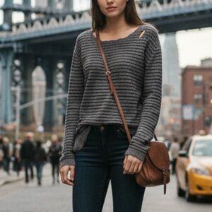 RtA Gray Black Striped Cashmere Distressed Sweater